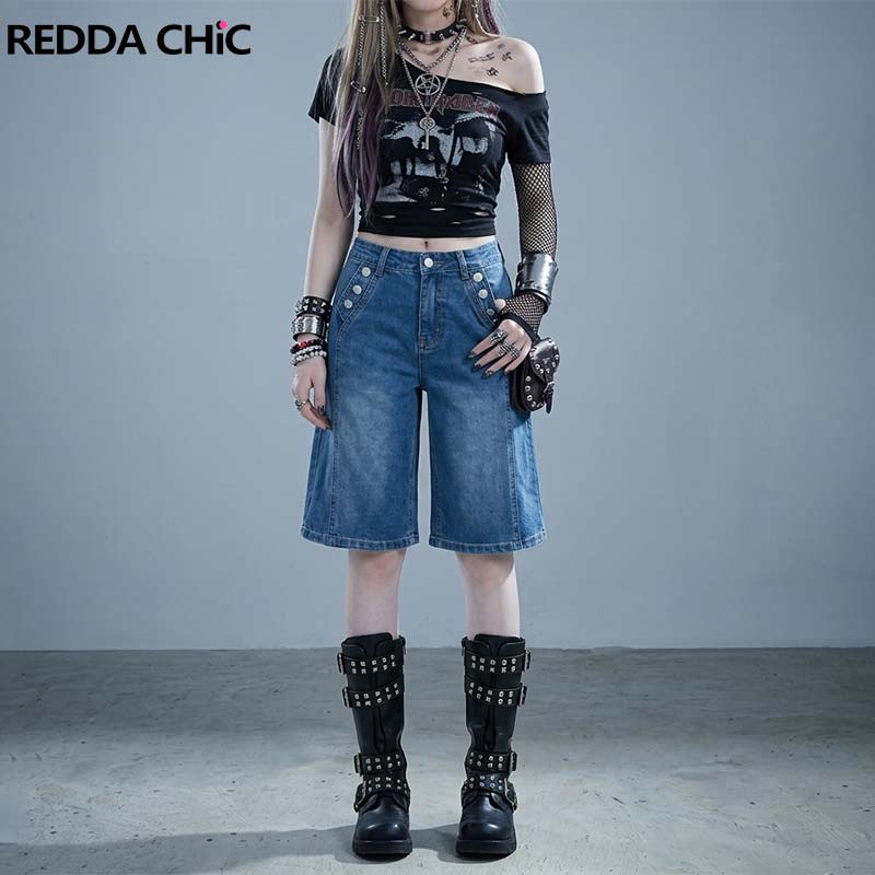 Embroidery Jeans - REDDACHiC Punk Buttom Details Bermuda Denim