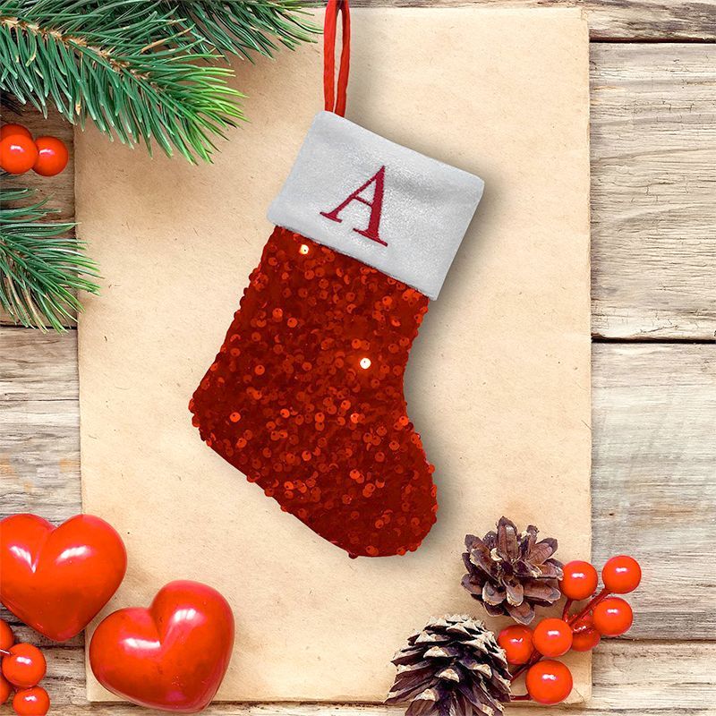 Embroidery Xmas Ornaments - Red Sequin Christmas Stocking Letter A
